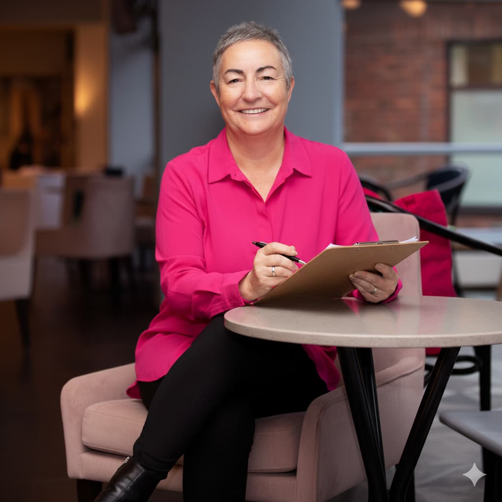 Jane Bryan sitting down pink shirt holding clipboard 